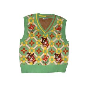 Cottagecore Green Fox Witch Argyle Knit V-Neck Sweater Vest Sleeveless Top M L